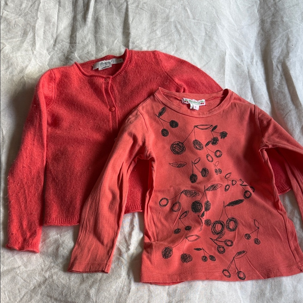 BONPOINT 🍒 Coral Cashmere Cardigan & Tee long sleeve Sz 3